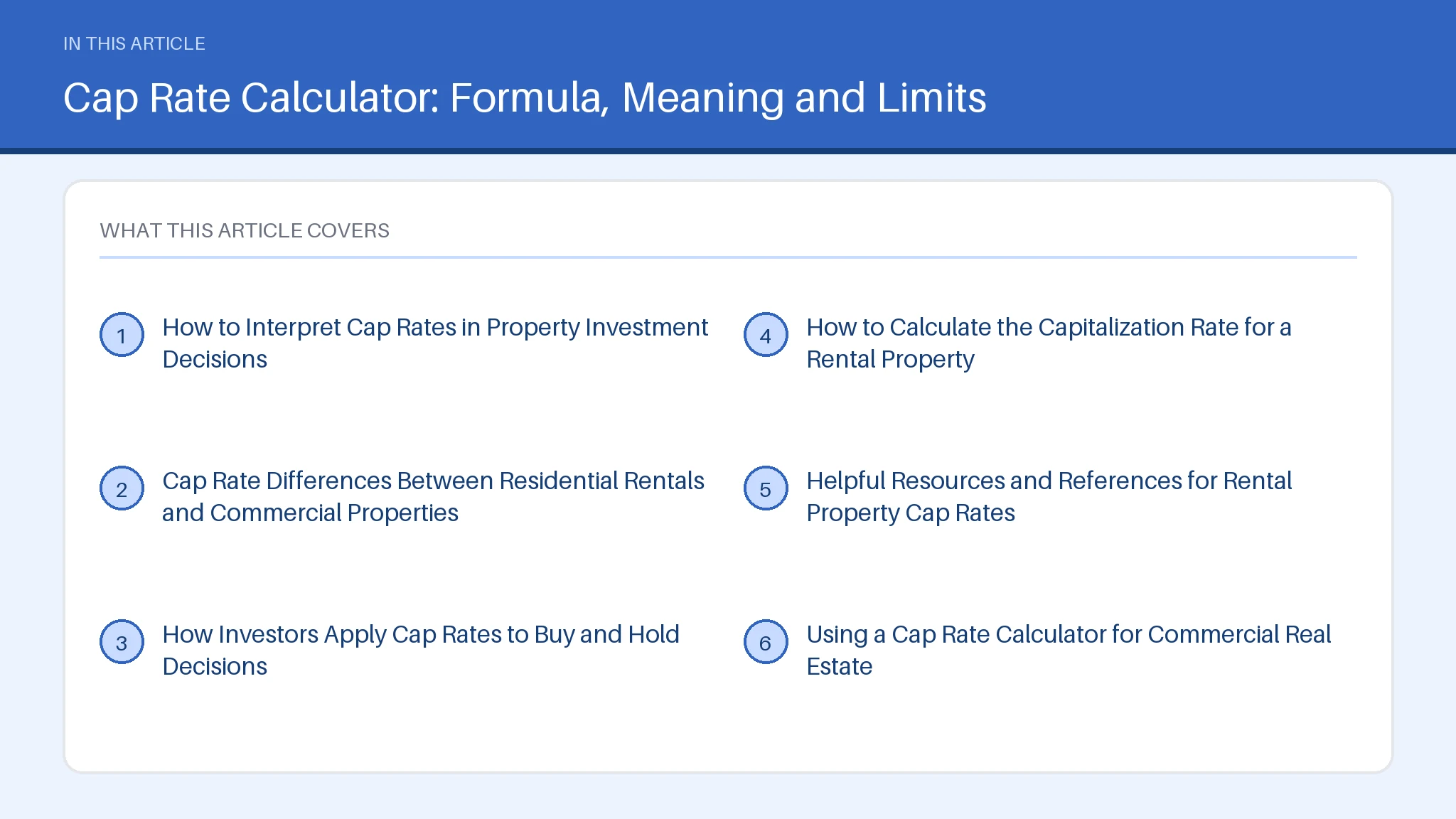Contents figure for cap rate calculator, listing 6 sections including How to Interpret Cap Rates in Property Investment Decisions.