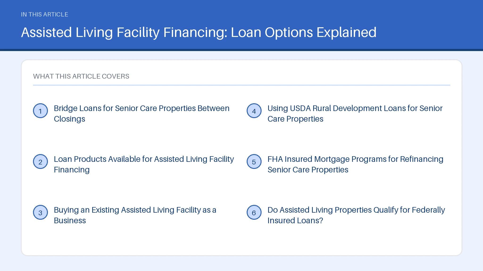 Assisted Living Facility Financing Loan Stages Contents figure for assisted living facility financing, listing the article's 6 sections.