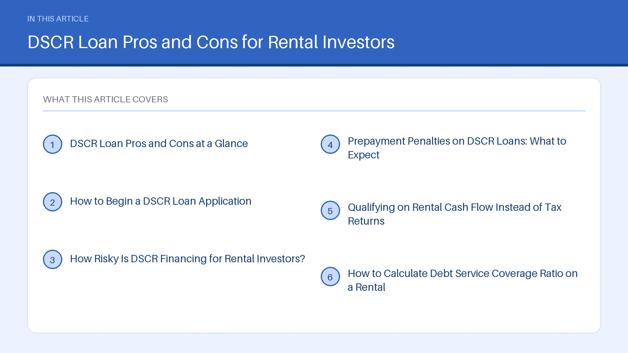 Contents figure for dscr loan pros and cons, listing 6 sections including DSCR Loan Pros and Cons at a Glance.