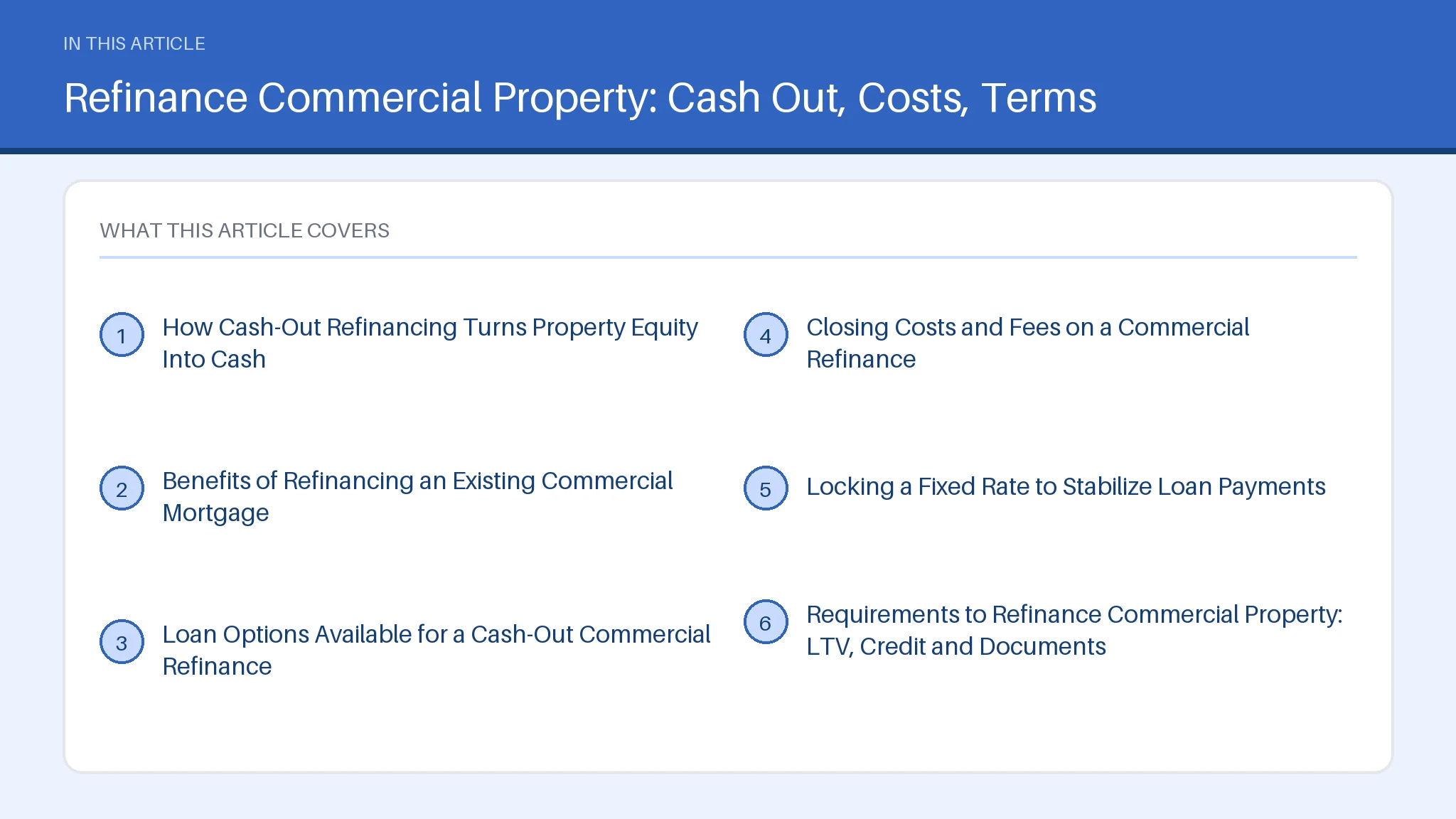 How Owners Refinance Commercial Property Loans Contents figure for refinance commercial property, listing 6 sections including How Cash-Out Refinancing Turns Property Equity Into Cash.